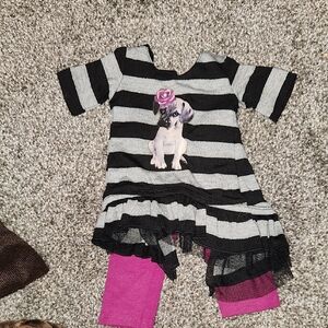 Doll Dress - Striped Dog Print with Pink Leggings